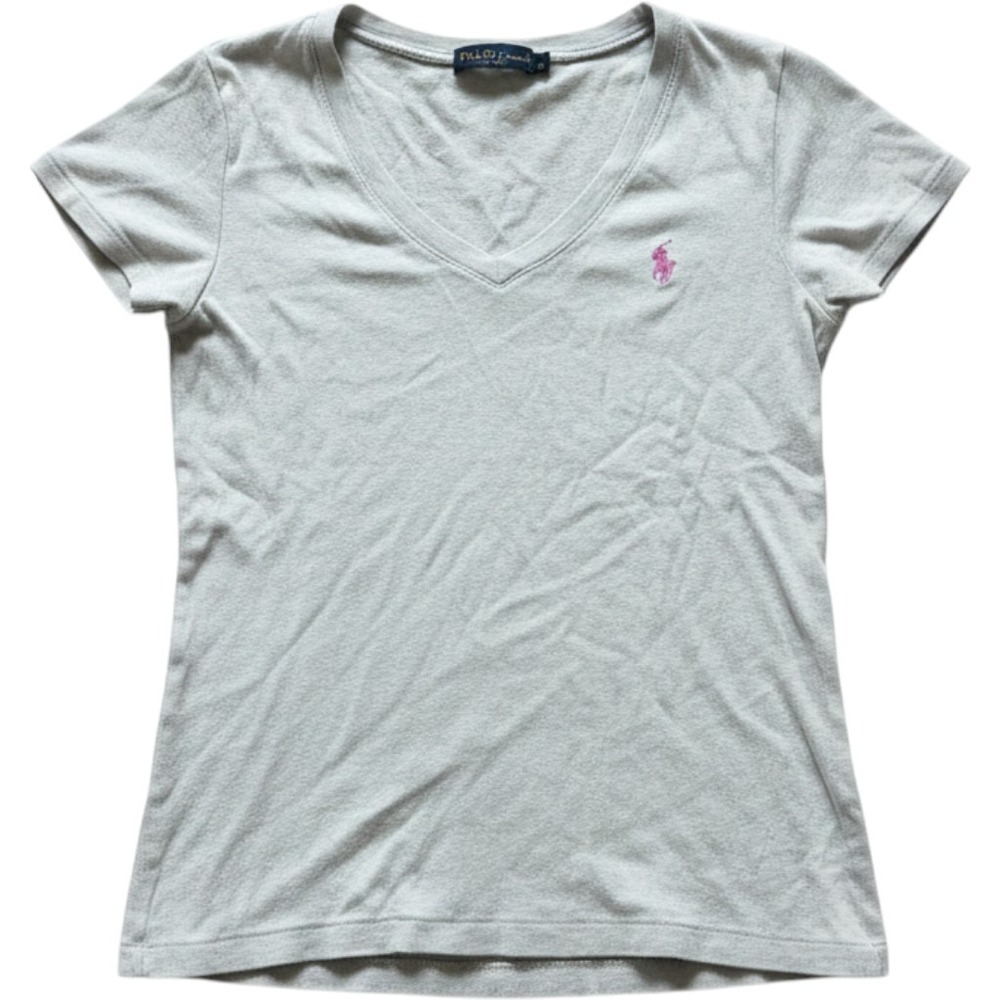 Ralph Lauren Sport Womens V-Neck T-Shirt Gray Pink Pony Logo Cotton Size S